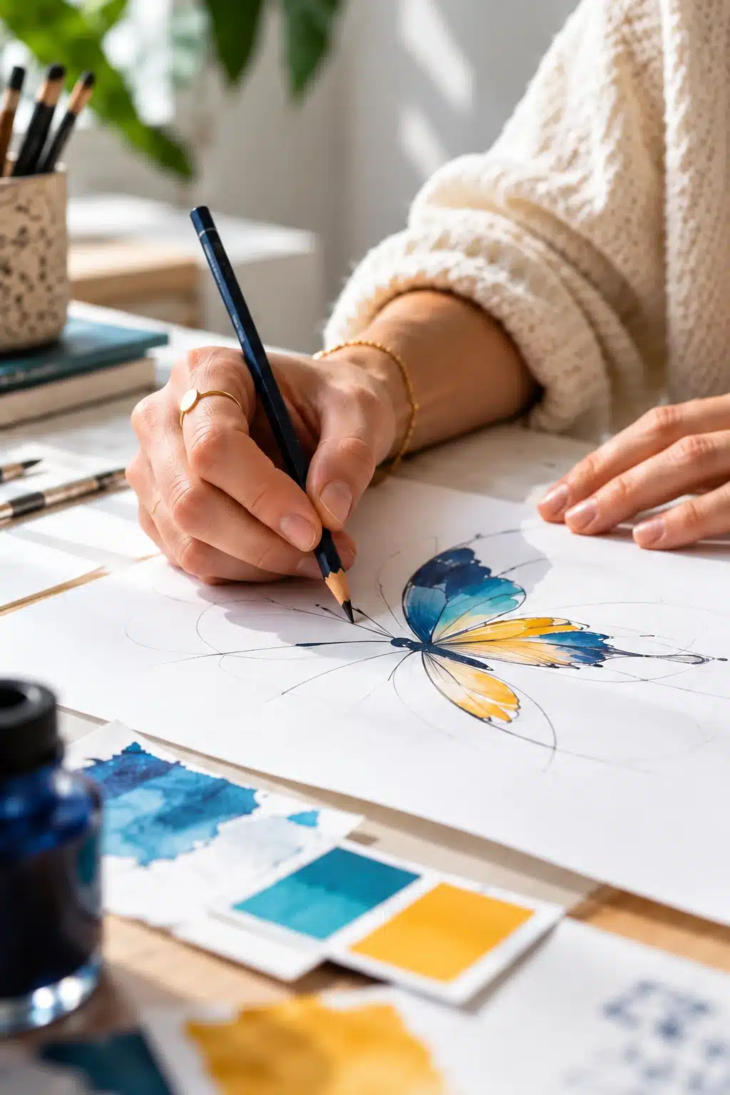 Geste créatif : esquisse d’un papillon aux couleurs de Pop com’